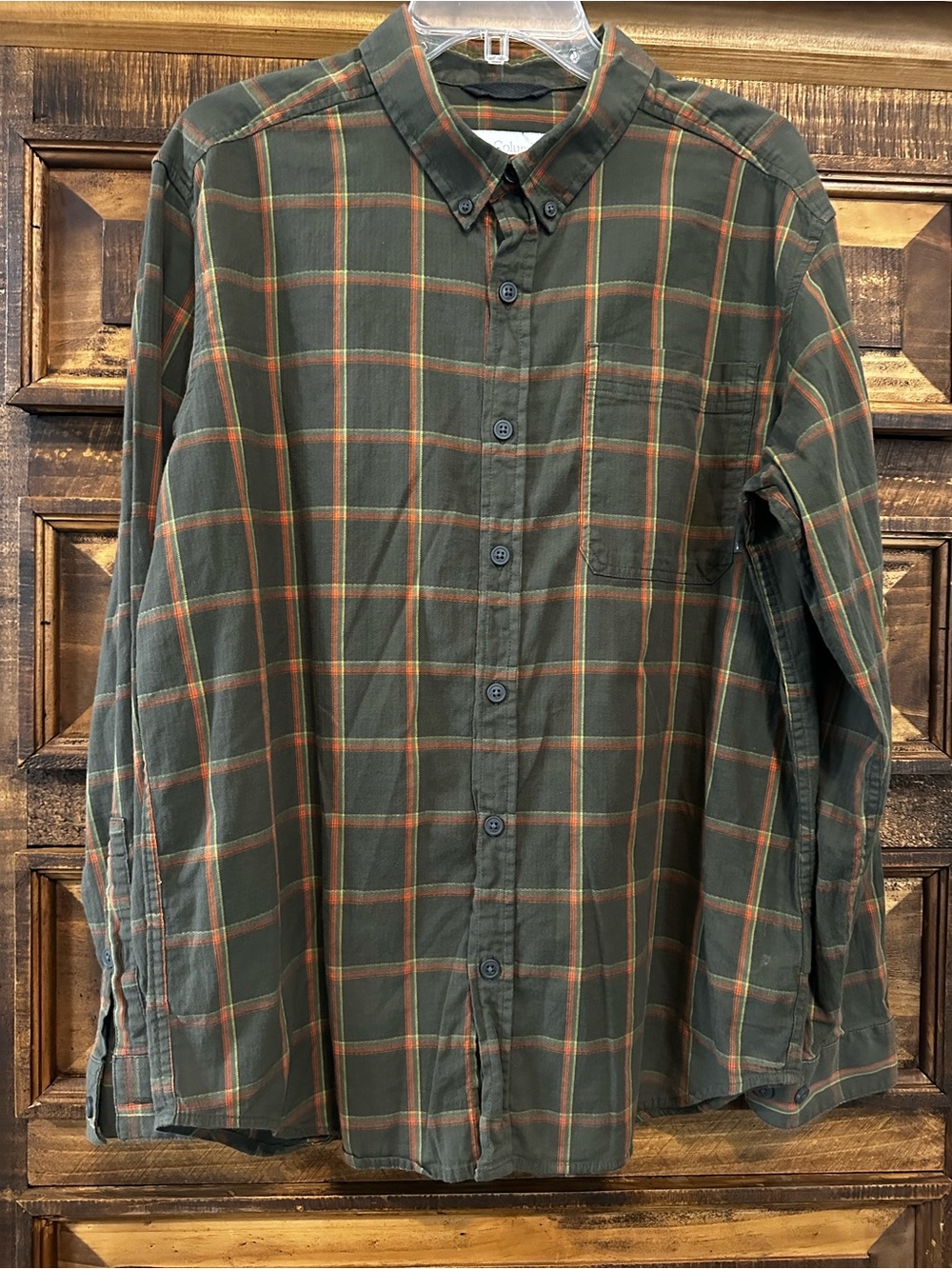 Columbia Olive Green Plaid Button-Down Shirt with Orange Accents